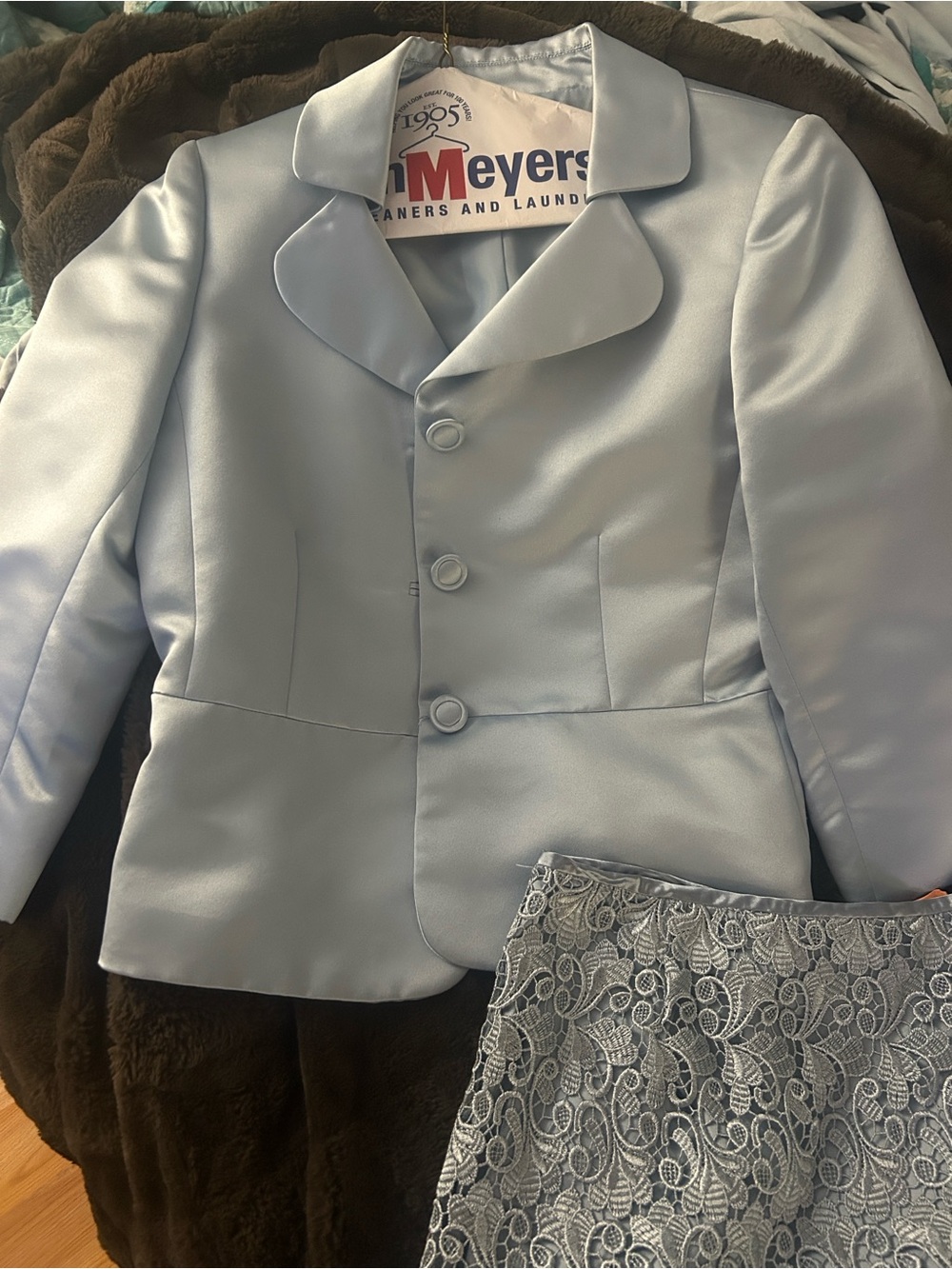 Tahari Light Blue Satin Jacket and Lace Skirt Set